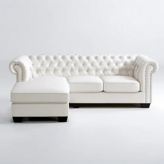 Biała sofa narożna Chesterfield z lewostronnym szezlongiem, skóra syntetyczna PU, 280 x 165 x 75 cm