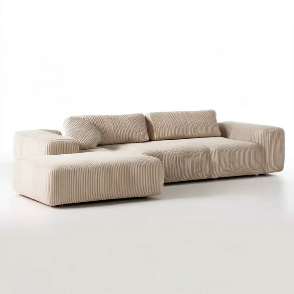 Kremowa sofa narożna lewostronna ze szezlongiem, sztruksowa, 280 x 170 x 78 cm
