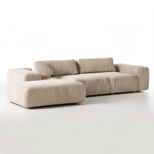 Kremowa sofa narożna lewostronna ze szezlongiem, sztruksowa, 280 x 170 x 78 cm