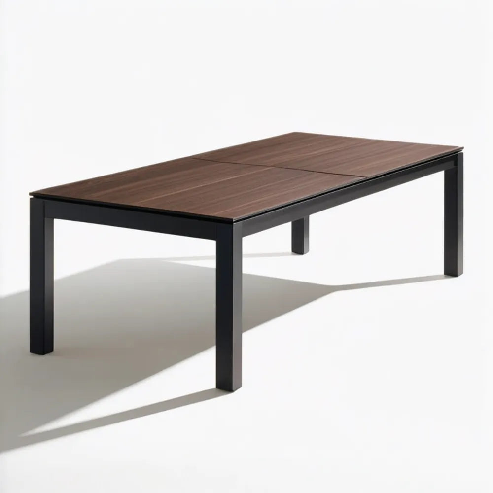 Rozkładany stół jadalniany MDF w dekorze ciemnego orzecha z czarną stalową ramą 160–200 x 90 x 75 cm