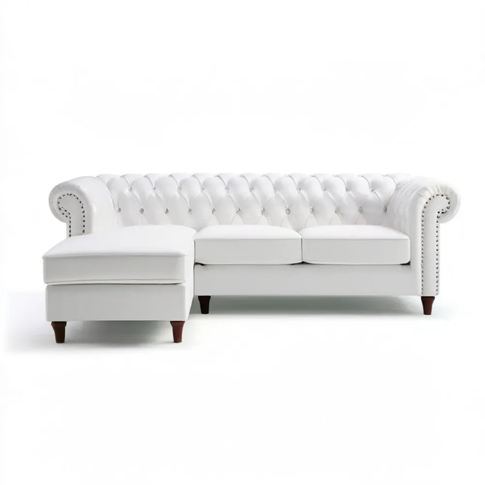 Narożnik Chesterfield 3-osobowy z lewostronnym szezlongiem, biała skóra syntetyczna PU, 230 × 150 × 75 cm